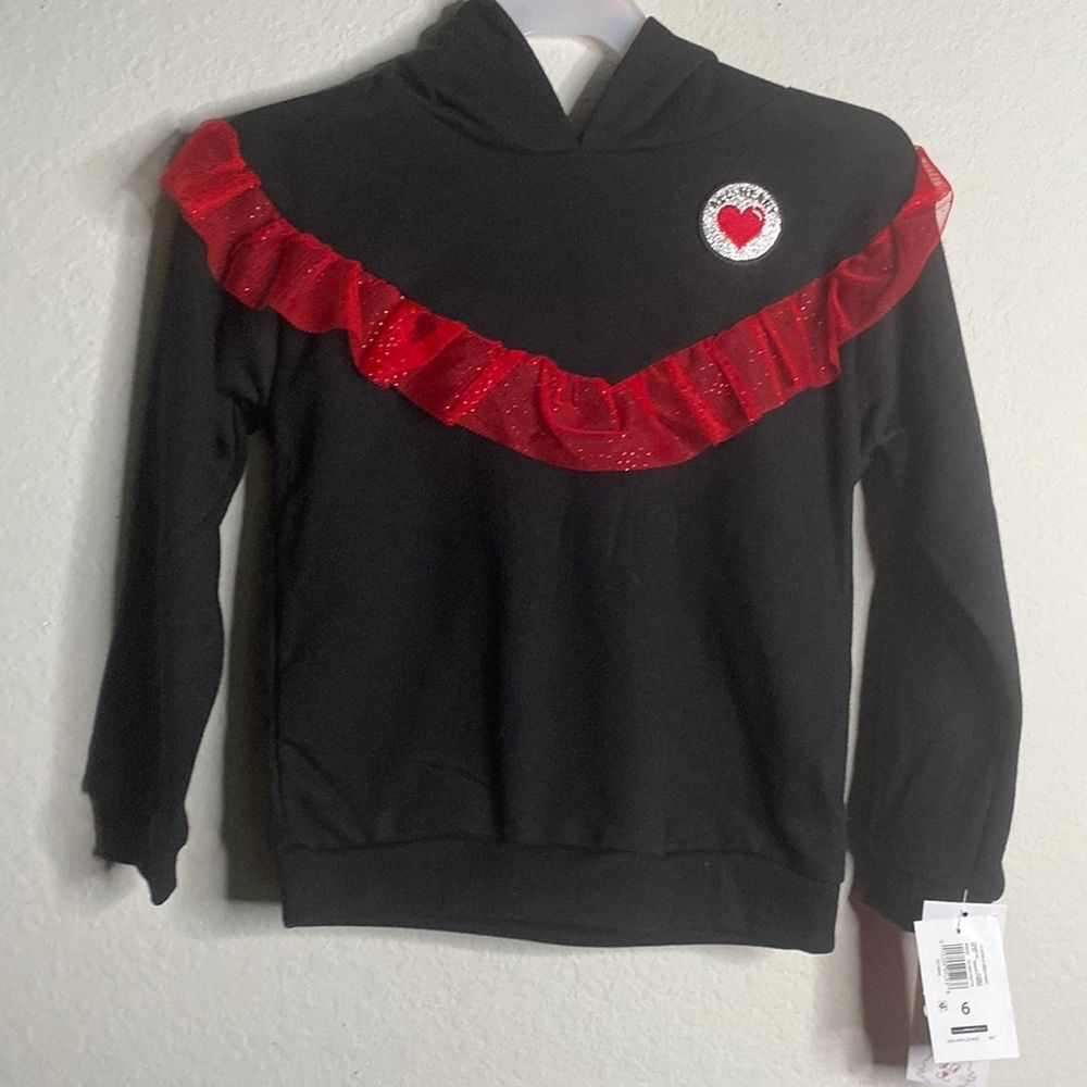 NWT Girls black sweatshirt with ruffles and hood hoodie size 6